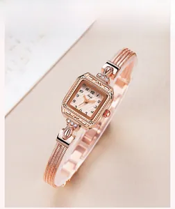 Detail of Gedi rose gold square watch with crystal bezel and braided chain strap