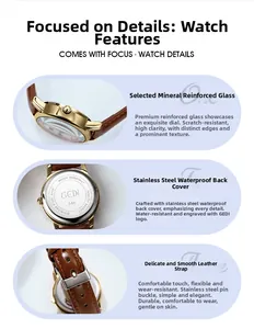 Detail view of the mineral glass, stainless steel back, and leather strap of the quartz watch