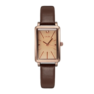 Montre carrée vintage pour femme en or rose avec cadran champagne et bracelet cuir