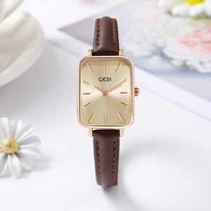 Elegant GEDI women's rectangular quartz watch with rose gold case and brown leather strap