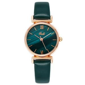 Women's quartz watch with rose gold case, green malachite dial and leather strap