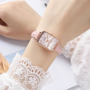 Elegant square quartz watch with rose gold case, pearl dial and pink leather strap