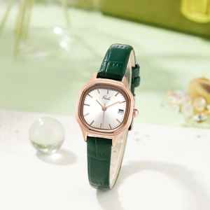 Women's slim rose gold watch with green leather strap and date display function