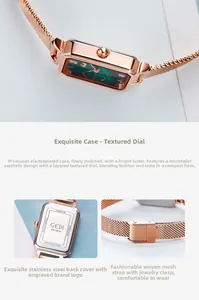 Detail view of rose gold square watch with green sunray dial and mesh steel band