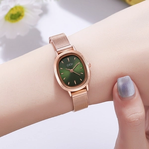 Elegant GEDI women's watch with oval green dial and rose gold stainless steel mesh strap