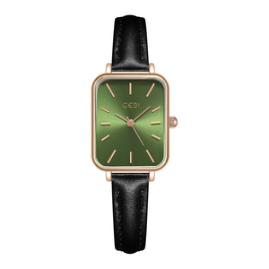 Elegant GEDI women's square watch with green sunray dial and black leather strap