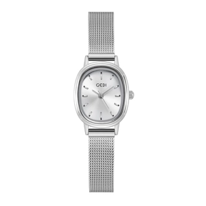 Minimalist silver oval dial ladies watch with stainless steel mesh band by GEDI