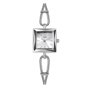 Detail of silver square quartz watch for women with stylish mesh bracelet and GEDI dial