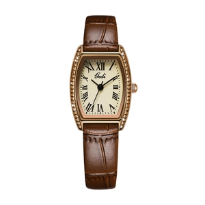 Vintage rose gold tonneau quartz watch with roman numerals and brown leather strap