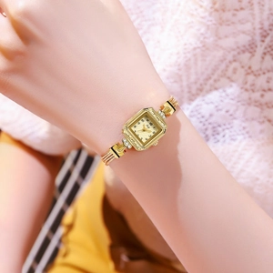 Elegant gold square watch for women with vintage patterns and multi-strand metal band