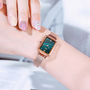 Women's rose gold square watch with green malachite dial and steel mesh strap
