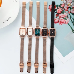 Chic women's rectangular quartz watches with stylish Milanese mesh bands in five colors