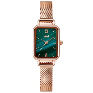 Elegant rectangular quartz watch for women with green malachite dial and rose gold mesh strap