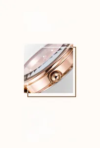 Détail du boîtier en acier inoxydable rose doré et de la couronne d'une montre élégante