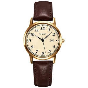 Classic GEDI quartz watch featuring a gold case, beige dial and brown leather strap
