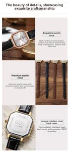 Detailed close-up of octagonal watch case, leather strap, and stainless steel back cover