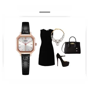 Polished rose gold octagonal watch with black leather strap and chic outfit set