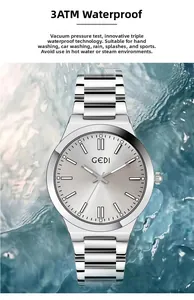 Close-up of GEDI waterproof quartz watch with silver steel strap amidst water splashes