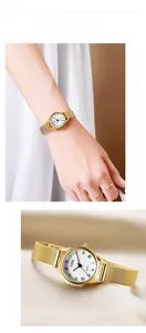 Detail of a vintage gold mesh band watch with Roman numerals on a white dial