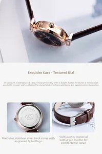 Detailansicht des GEDI Edelstahlbodens und Lederarmbands mit roségoldenem Gehäuse