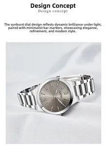 Detail of GEDI watch showing grey sunray dial and silver stainless steel strap