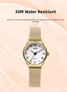 Detailed view of women's gold quartz watch with 30M water resistance and mesh strap