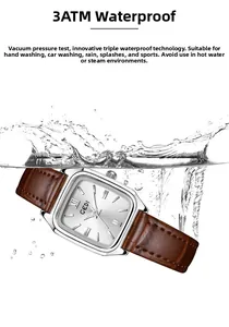 Orologio quadrato argento con cinturino in pelle marrone che mostra resistenza 3ATM in acqua
