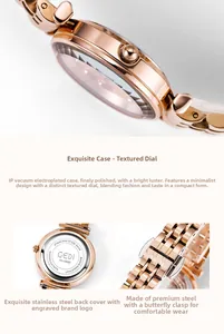 Détails du boîtier de montre GEDI en acier rose et fermoir papillon gravé avec précision