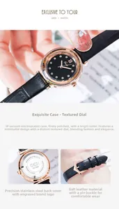 Detail of rose gold case with black dial and leather strap of the vintage women watch