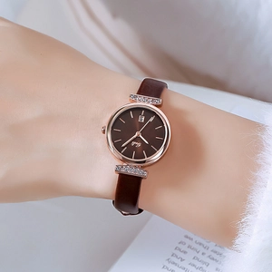 Elegante Damen-Quarzuhr mit Lederarmband, Roségold-Gehäuse und Datumsanzeige