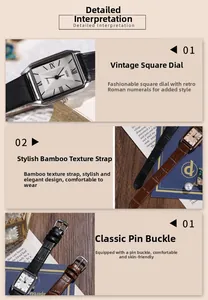 Detail view of retro square quartz watch with bamboo pattern leather strap and Roman numerals
