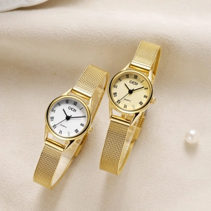Vintage women quartz watch with Milanese mesh strap and Roman numerals in gold finish
