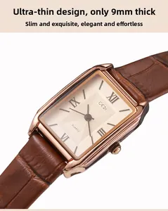 Detail showing the 9mm ultra-thin rose gold case and cream dial of the quartz watch