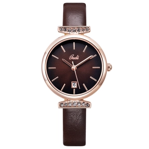 Gedi Damenuhr in Roségold mit braunem Lederarmband, Kristallbesatz und Datumsanzeige