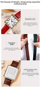 Nahaufnahme von Mineralglas, IP-beschichtetem Gehäuse und Lederarmband der quadratischen Uhr