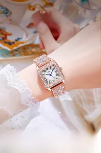 Close-up of GEDI luxury square watch for women with full rhinestones and Roman numerals