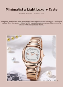 Close-up of rose gold square watch face with white dial and metal link bracelet
