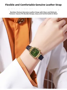 Close-up of elegant women's watch with green dial and black leather bamboo pattern strap