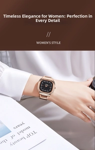 Minimalist square rose gold watch with black dial worn on wrist in a lifestyle setting