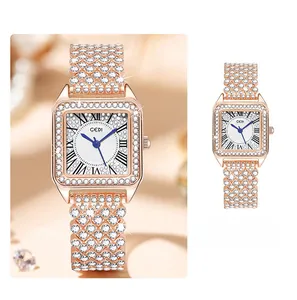 Macro detail of luxury rose gold square watch with crystal pavé and Roman numerals