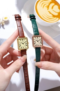 Nahaufnahme von Vintage-Uhren mit braunem und grünem Krokodil-Lederarmband