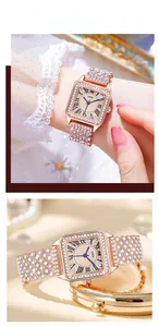 Detail of GEDI rose gold square quartz watch with full crystals on wrist and in gift box