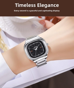 Close-up of minimalist square dial watch with silver stainless steel strap on wrist