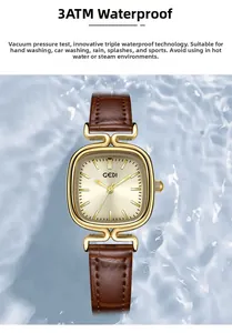 Detail of 3ATM waterproof square gold watch with brown leather strap and water splash effect