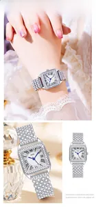 Detailed close-up of a silver luxury square watch with full diamond setting and blue hands