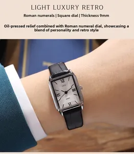 Detail view of square quartz watch with Roman numerals and a 9mm slim metal case