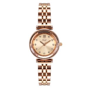 Montre élégante pour femme en or rose avec index en cristal et bracelet en acier