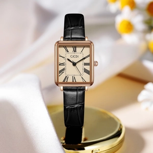 Vintage Damen-Quarzuhr mit quadratischem Gehäuse, schwarzem Lederarmband und Zifferblatt