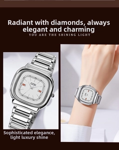 Detail of silver square quartz watch for women with rhinestone bezel and metal band