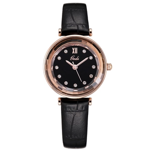 Elegant Gedi vintage quartz watch with black leather strap and rose gold crystal dial